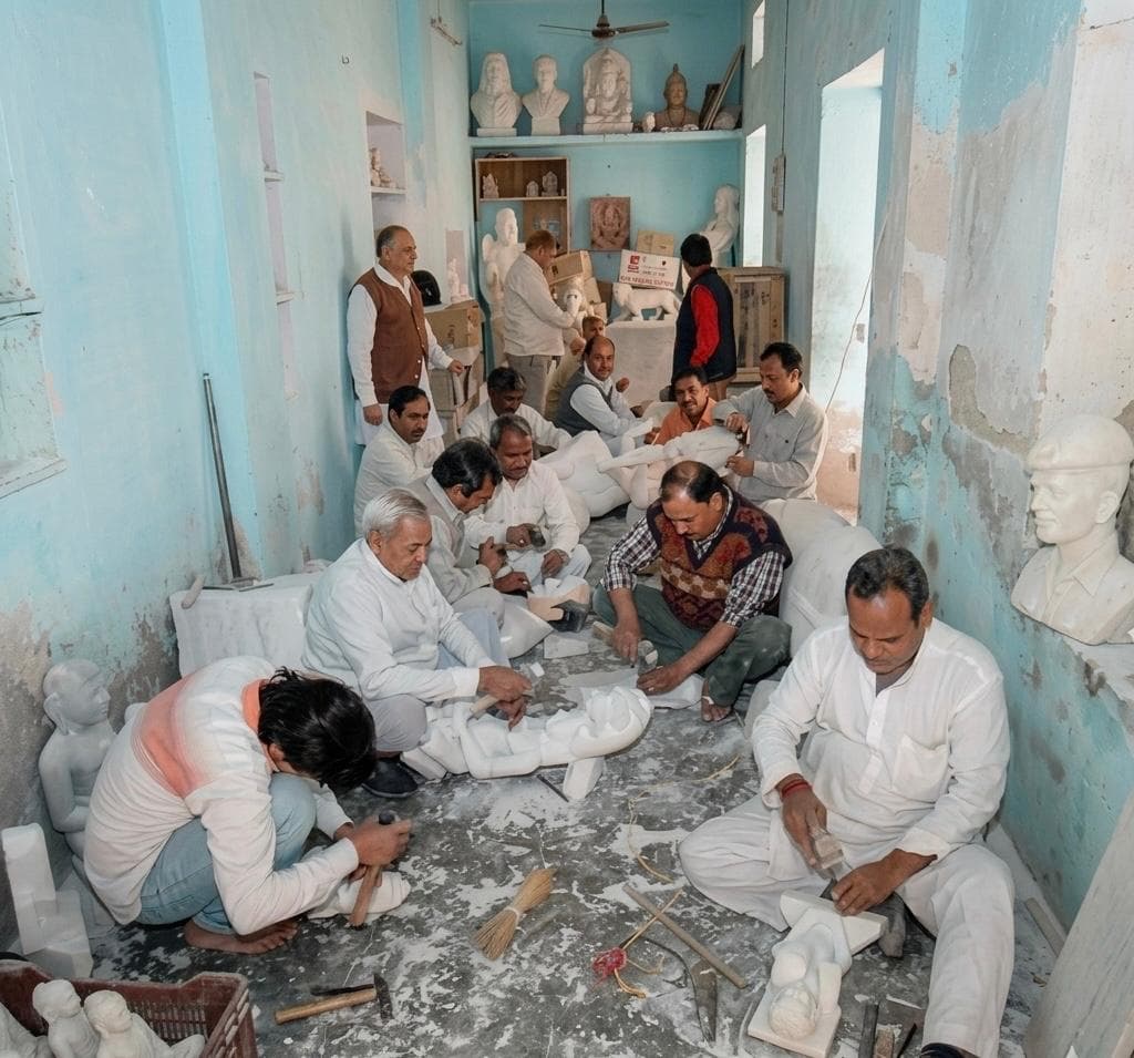 Pandit Lallu Prasad Sharma teaching his descendants at the family workshop