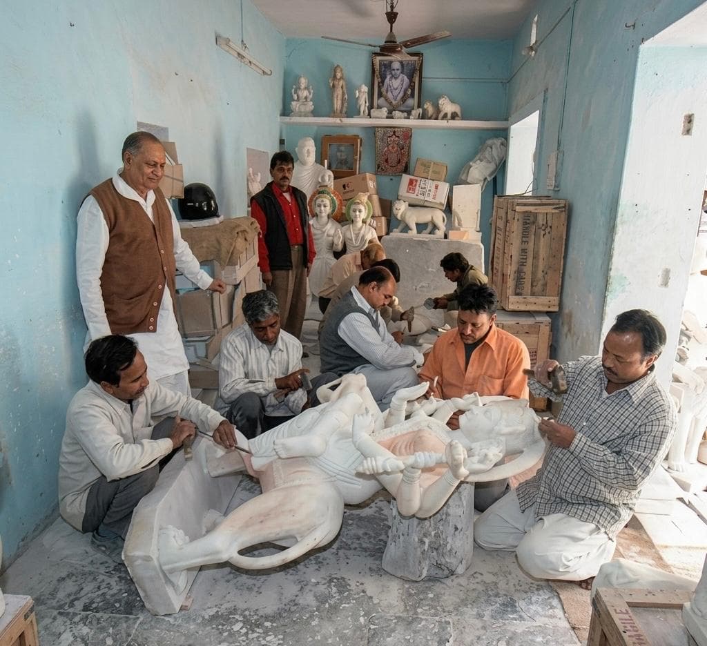 Pandit ji demonstrating carving technique