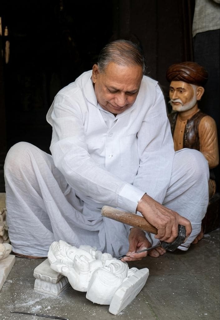 Pandit ji working on a marble piece